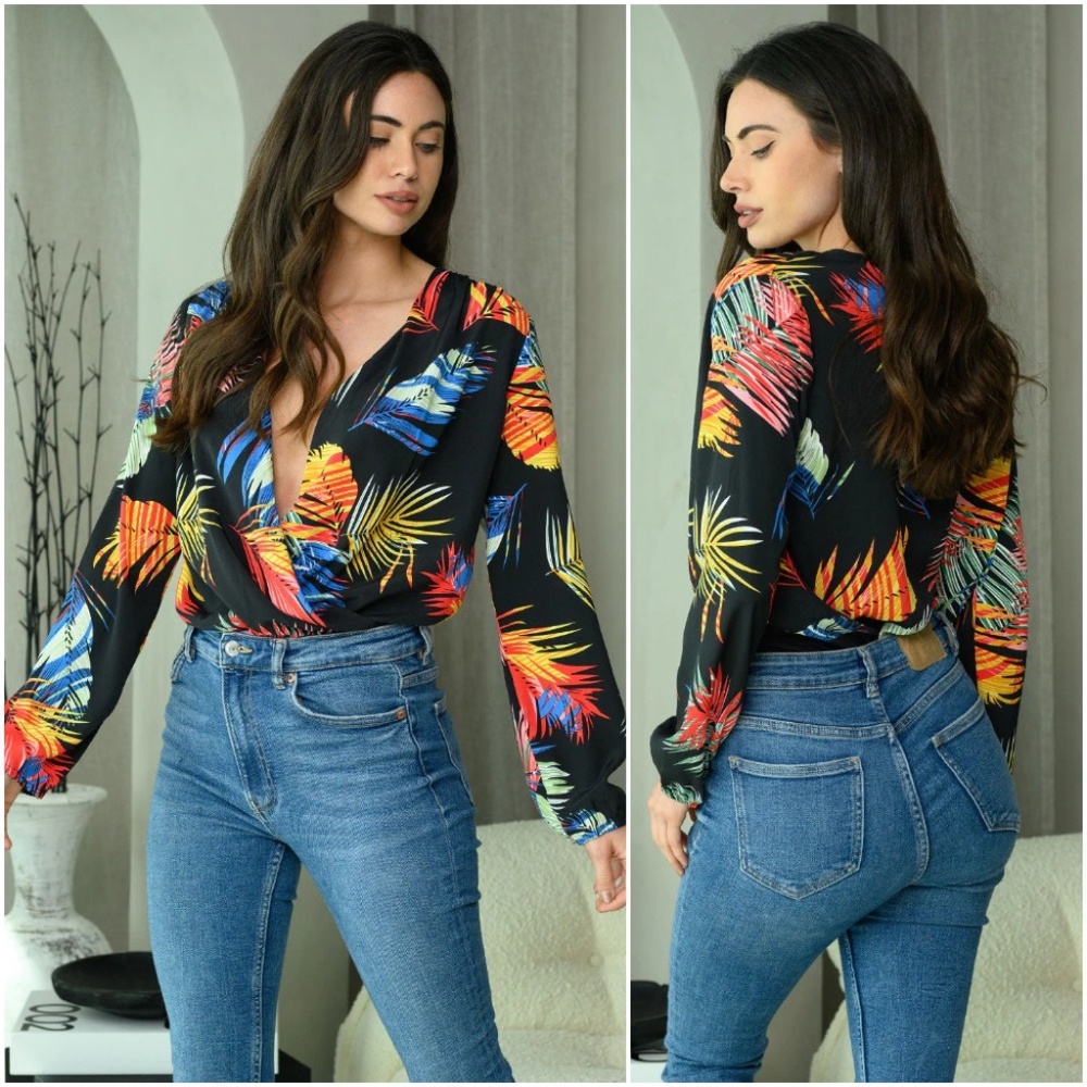 LONG SLEEVE LEAF MULTI PRINT SURPLICE BODYSUIT